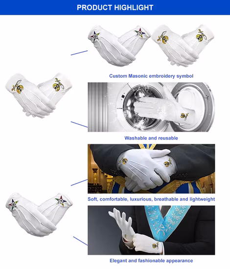 Reusable Shriner Symbol Masonic Formal Ceremonies Embroidered Craft Cotton Gloves